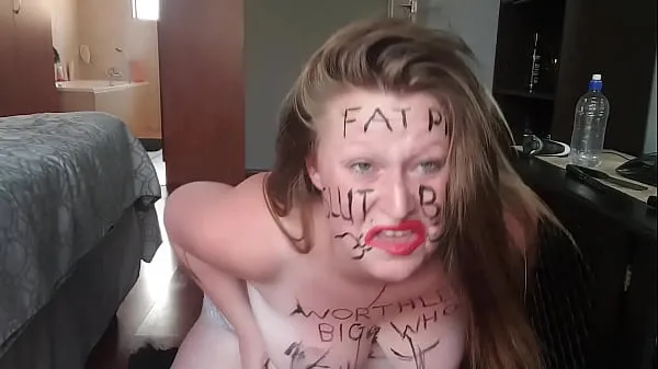 XXX Big fat worthless pig degrading herself | body writing |hair pulling | self slapping Video hàng đầu