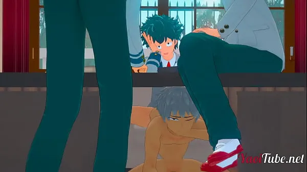 XXX Boku No Hero Yaoi 3D - Deku fucks Bakugou under the table while talking to Todoroki and Kaminari - Bareback Anal Creampie शीर्ष वीडियो